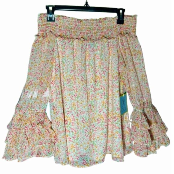 NWT CeCe Off Shoulder Smocked Floral Ruffle Cuff Blouse L Romantic Boho - Picture 1 of 13